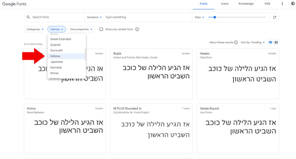 גוגל פונטס - בחירה בעברית